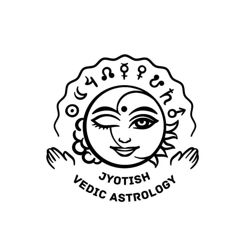 Vedic Astrology Jyotish logo. Signs, graha, surya, chandra, guru, mangal, shukra, rahu, ketu, shani, buddhi.