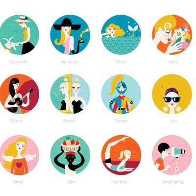 Woman horoscope twelve illustrations set. Suitable for zodiac calendar.