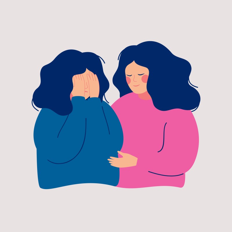 Young woman comforting her crying best friend. A depressed girl covering face with hands and her girlfriend consoling and care about her. Help and support concept. Hand-drawn style vector design illus