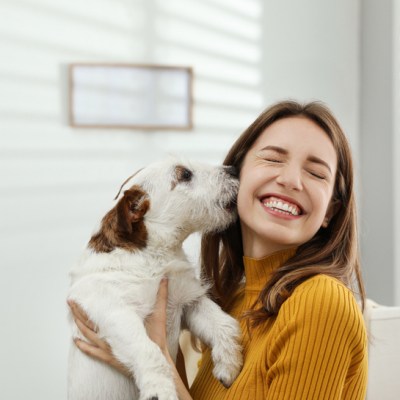 Young woman with her cute Jack Russell Terrier at home