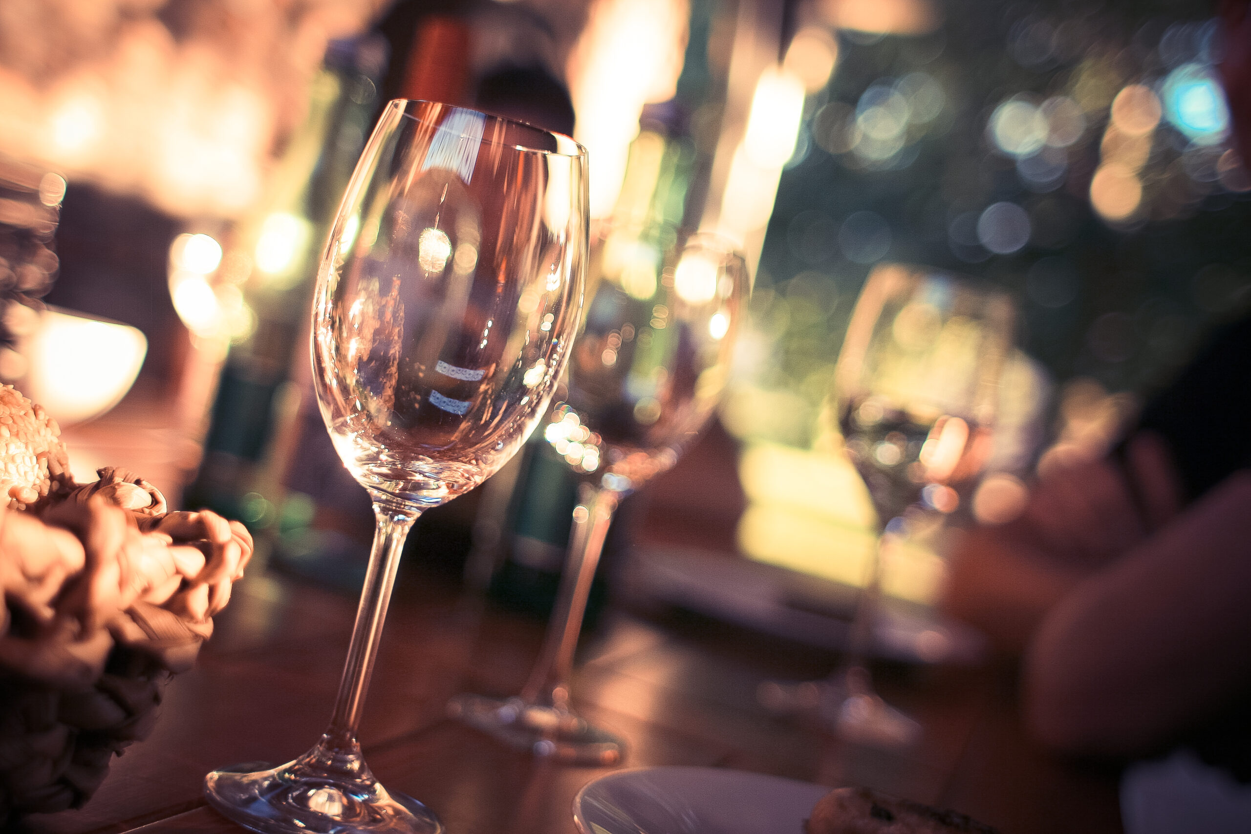 Wine glass on restaurant table