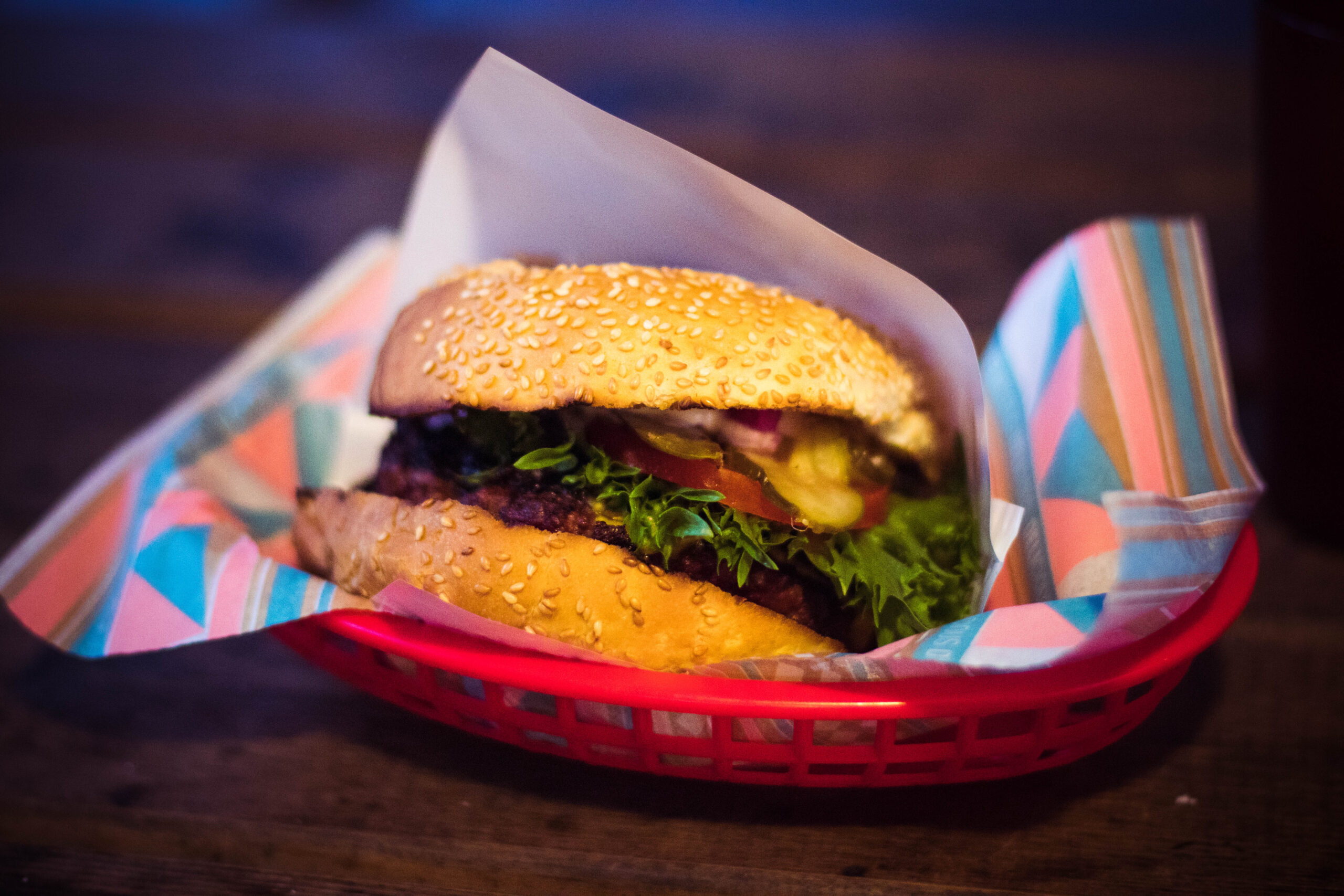 Hamburger on red tray