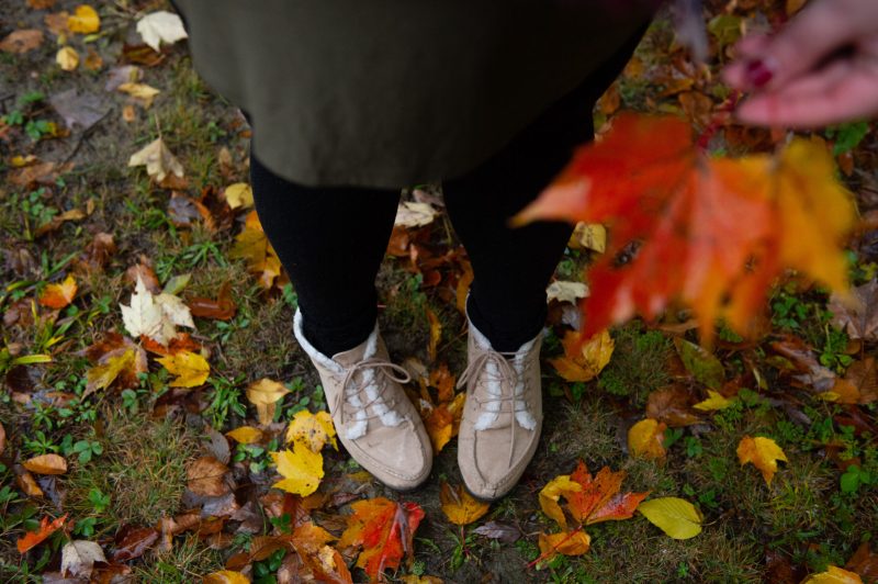 Person standing on fallen leaves